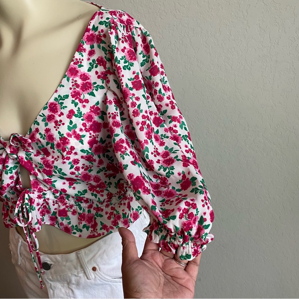 For Love And Lemons Womens Crop Top Size Small Floral Puff Sleeves Plunged - Picture 3 of 8